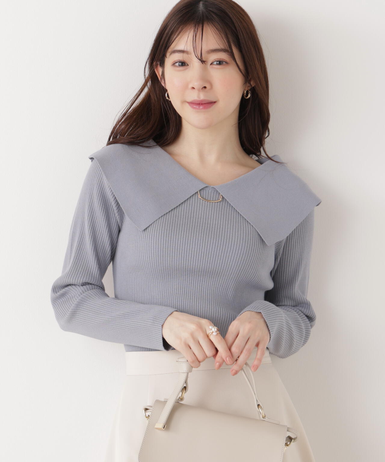 <ウォッシャブル/UV>バー付きビッグ襟ニット