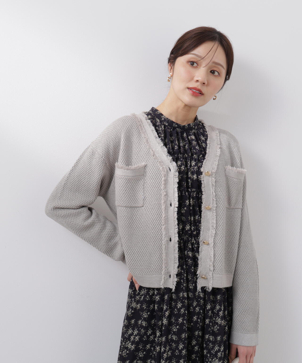 ラメ透かしニットジャケット