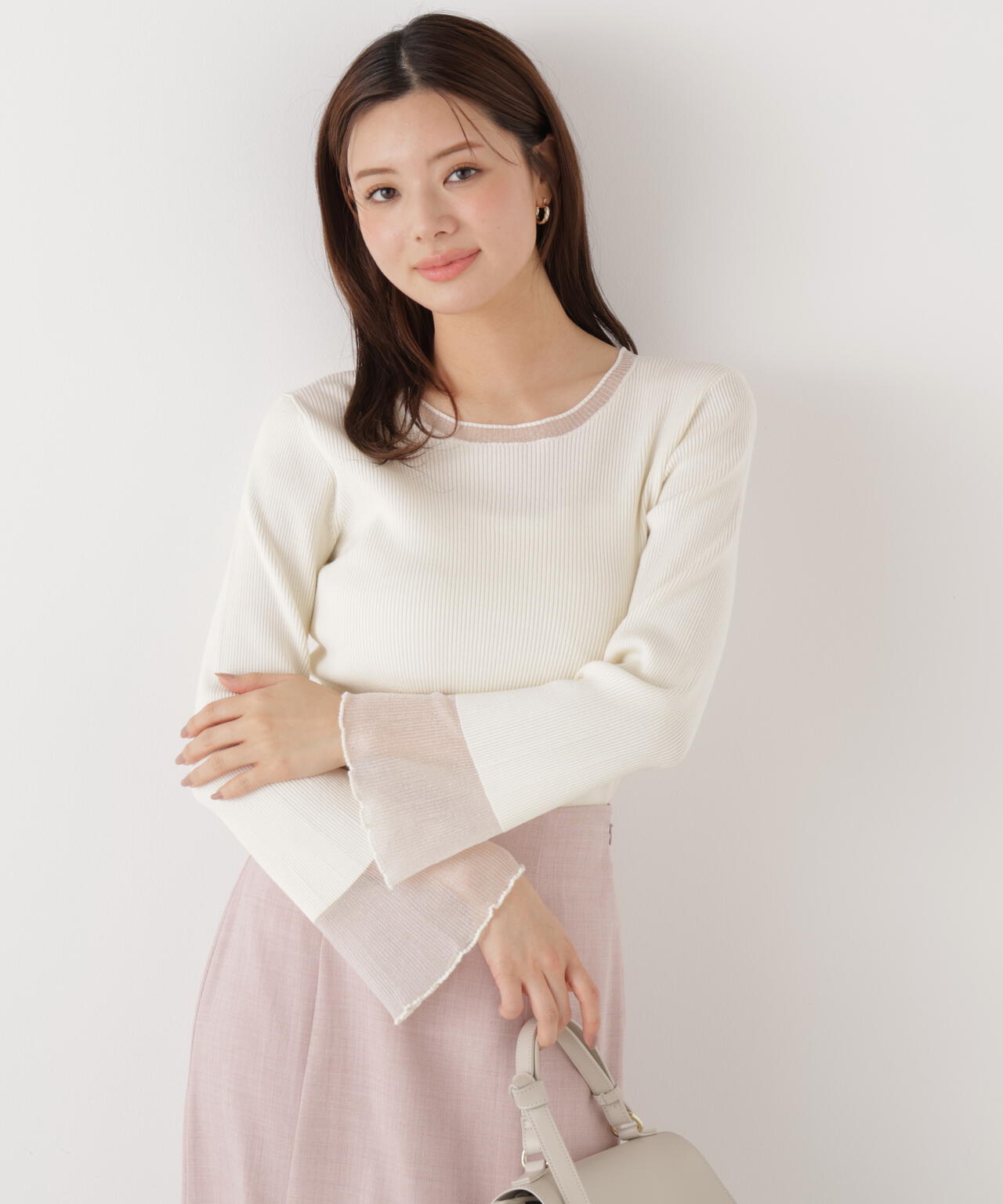 部分シアーフレアスリーブニットトップス