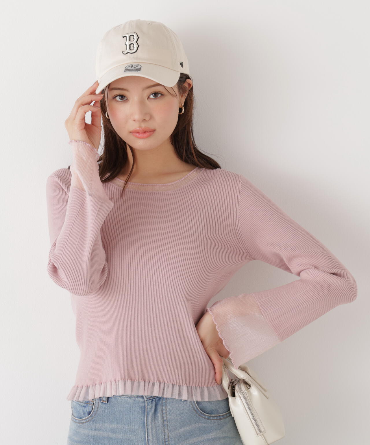 部分シアーフレアスリーブニットトップス