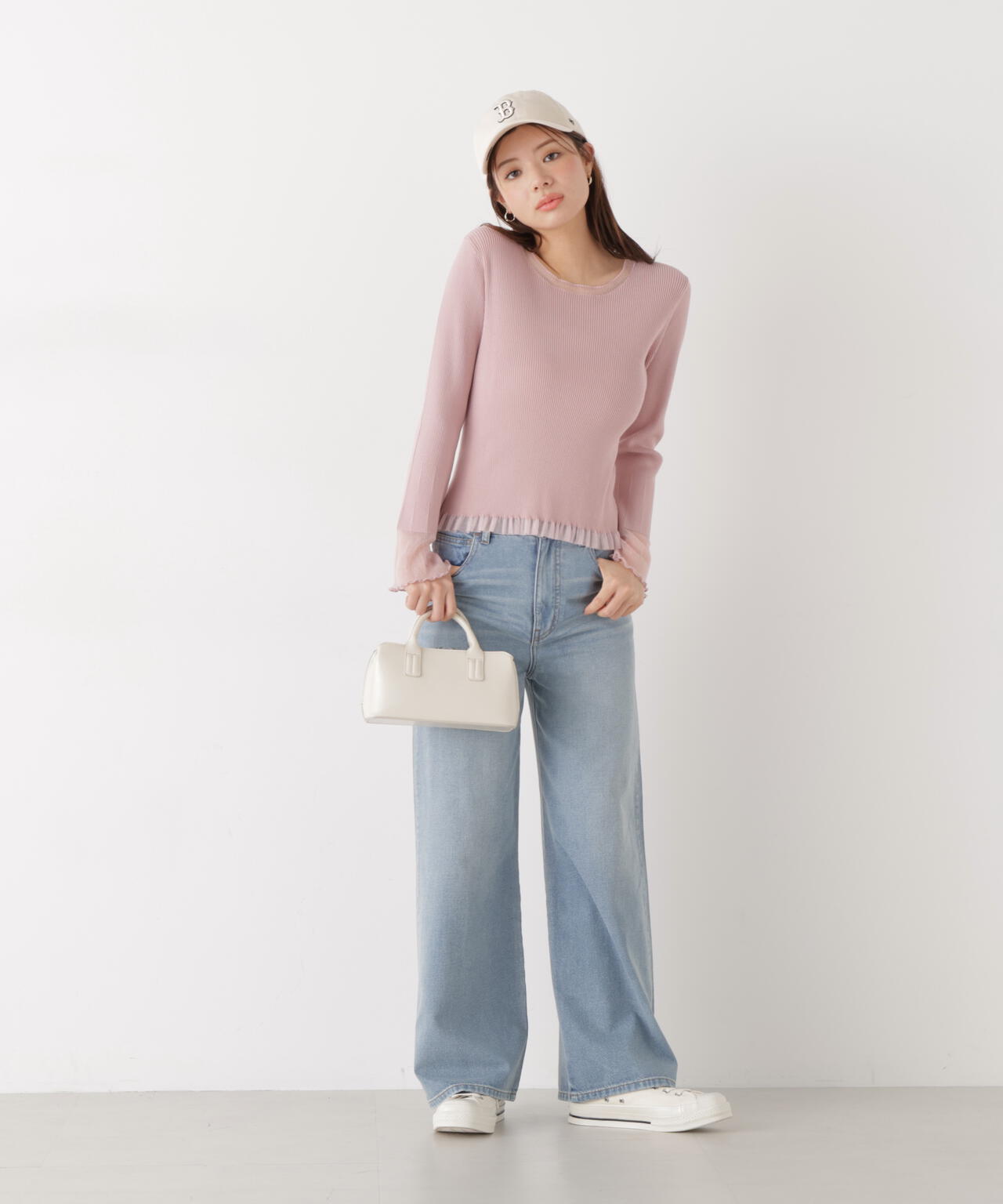 部分シアーフレアスリーブニットトップス