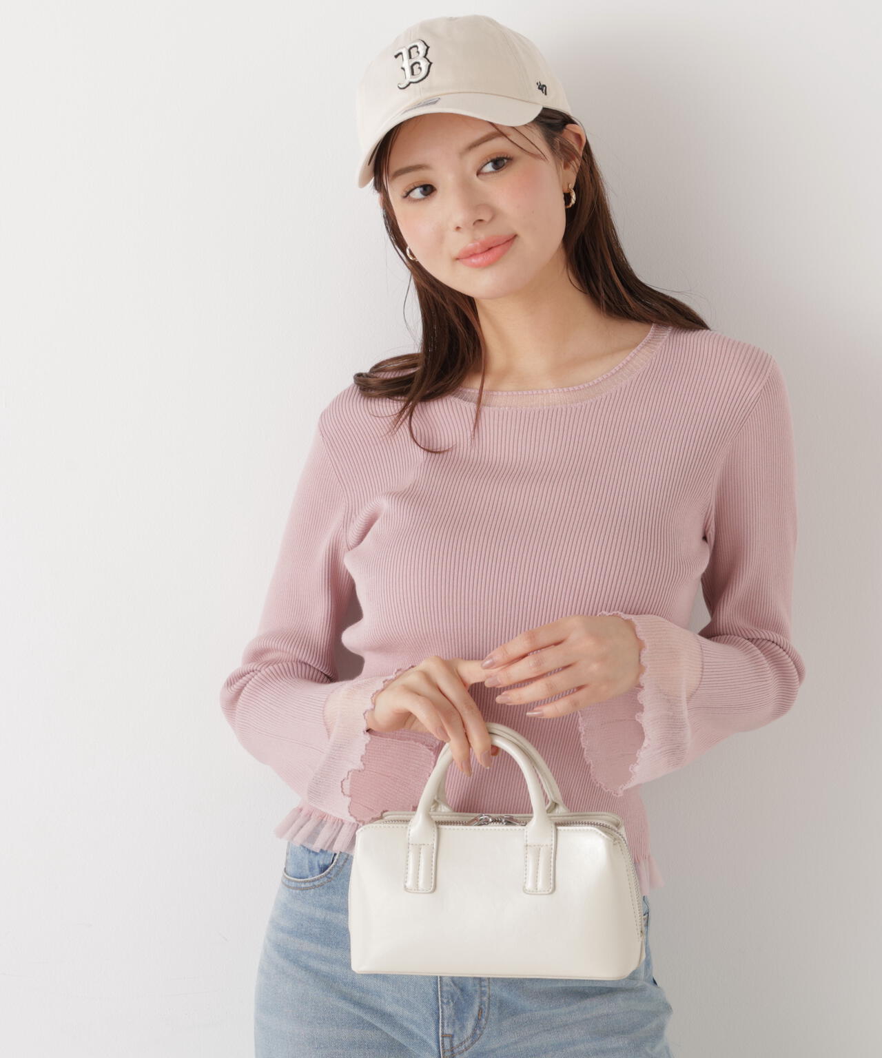 部分シアーフレアスリーブニットトップス