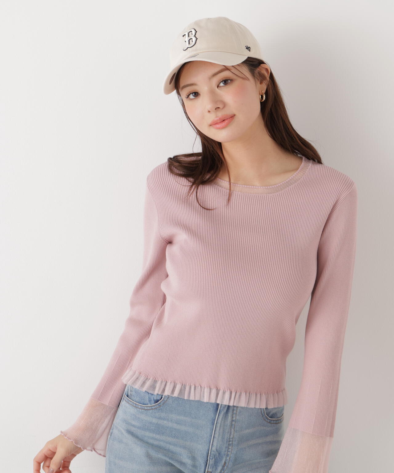 部分シアーフレアスリーブニットトップス