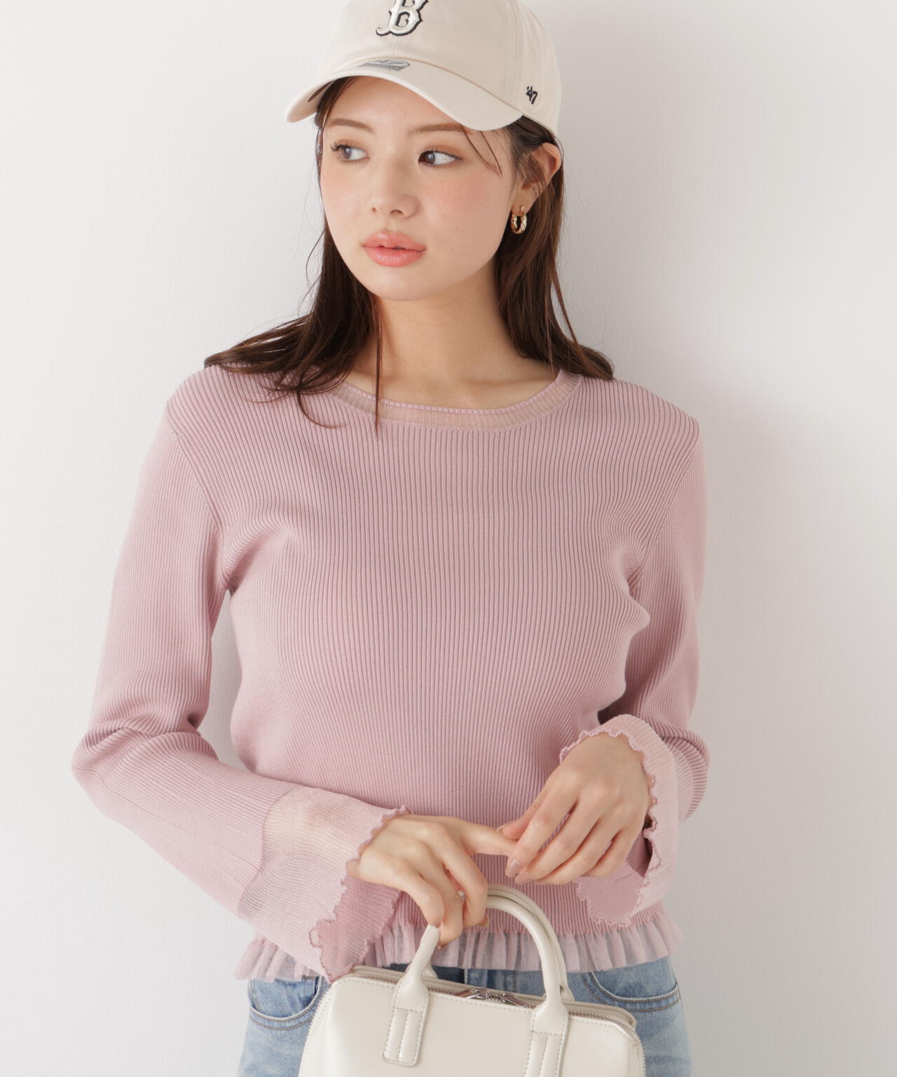 部分シアーフレアスリーブニットトップス