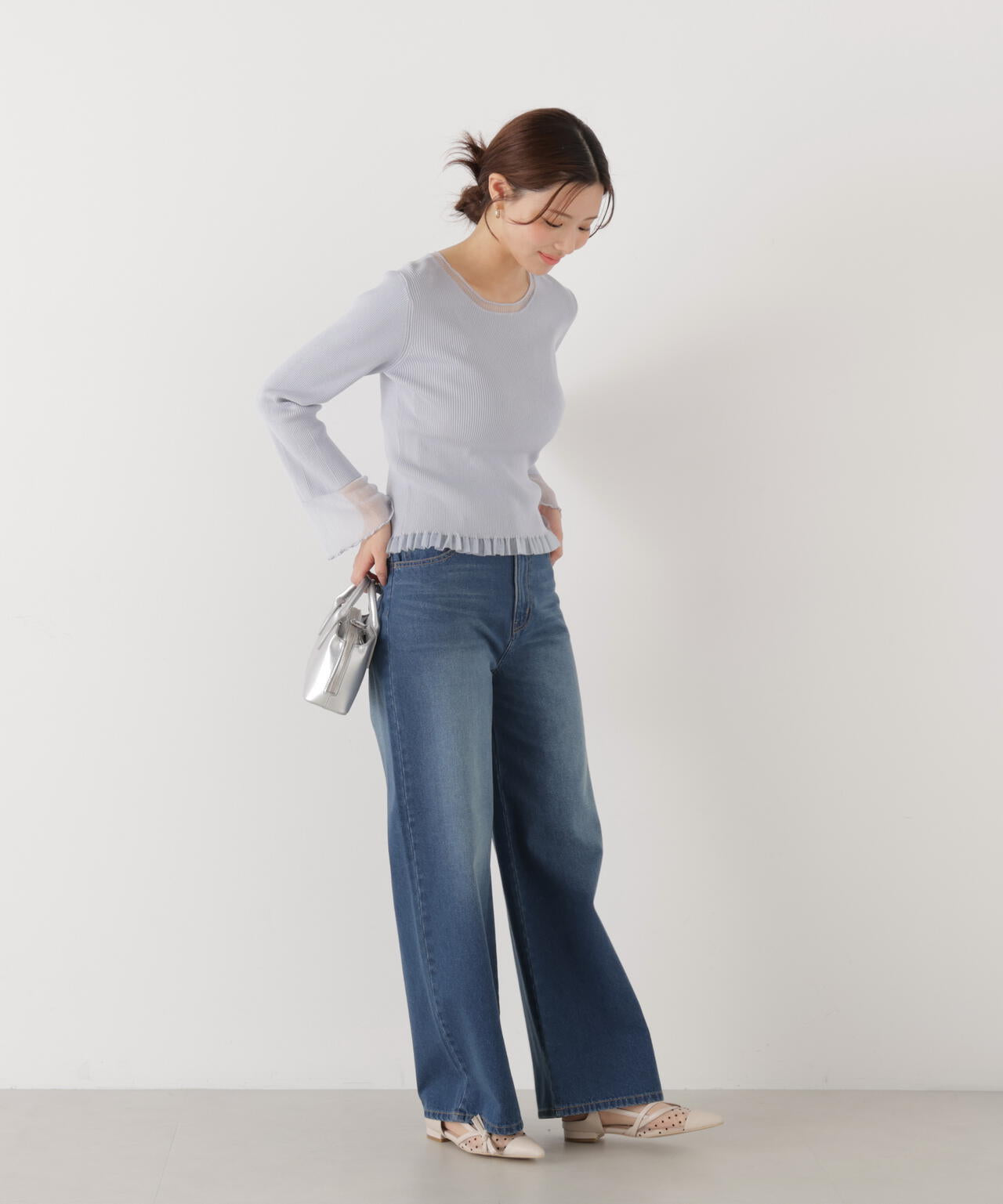 部分シアーフレアスリーブニットトップス