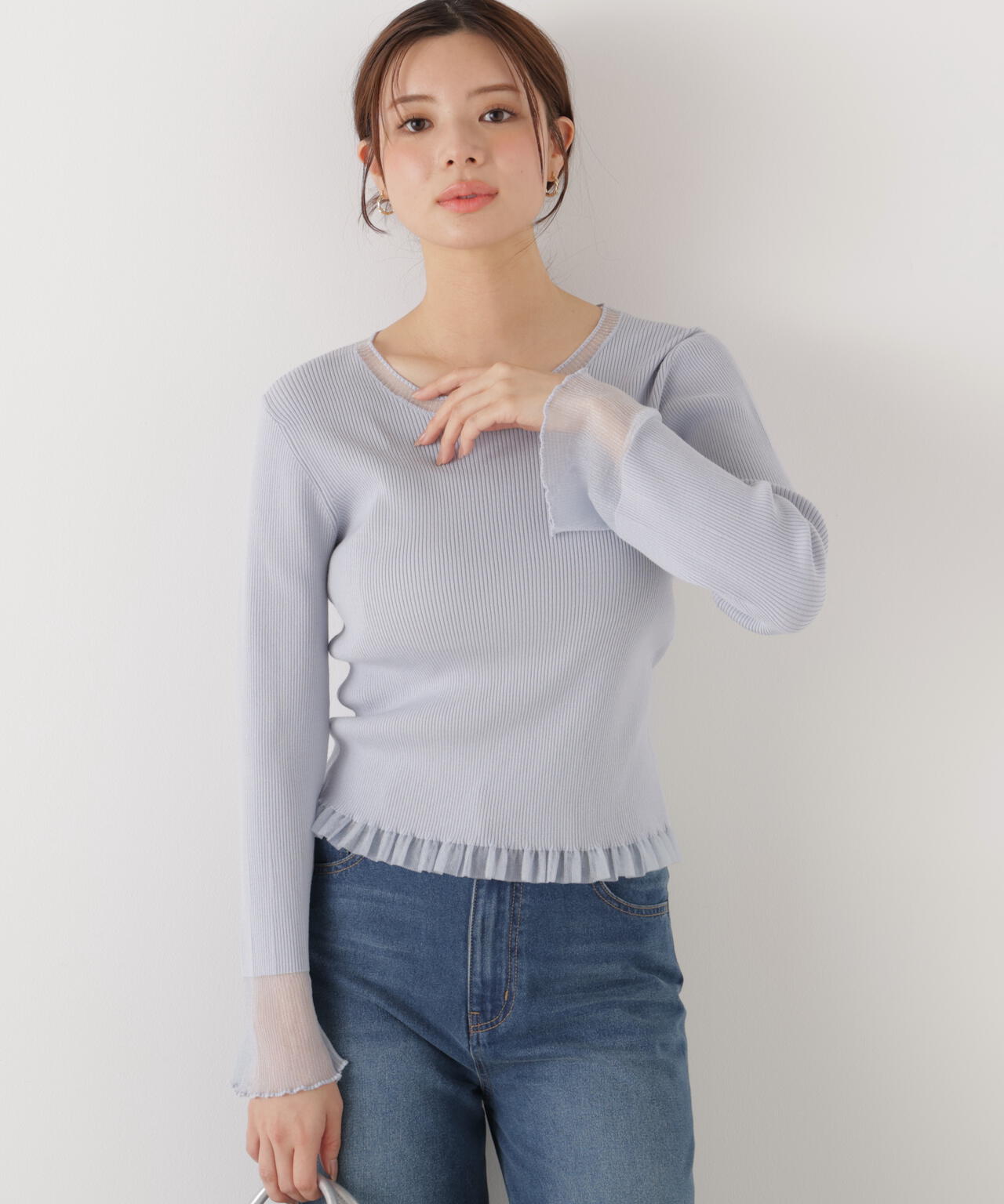 部分シアーフレアスリーブニットトップス