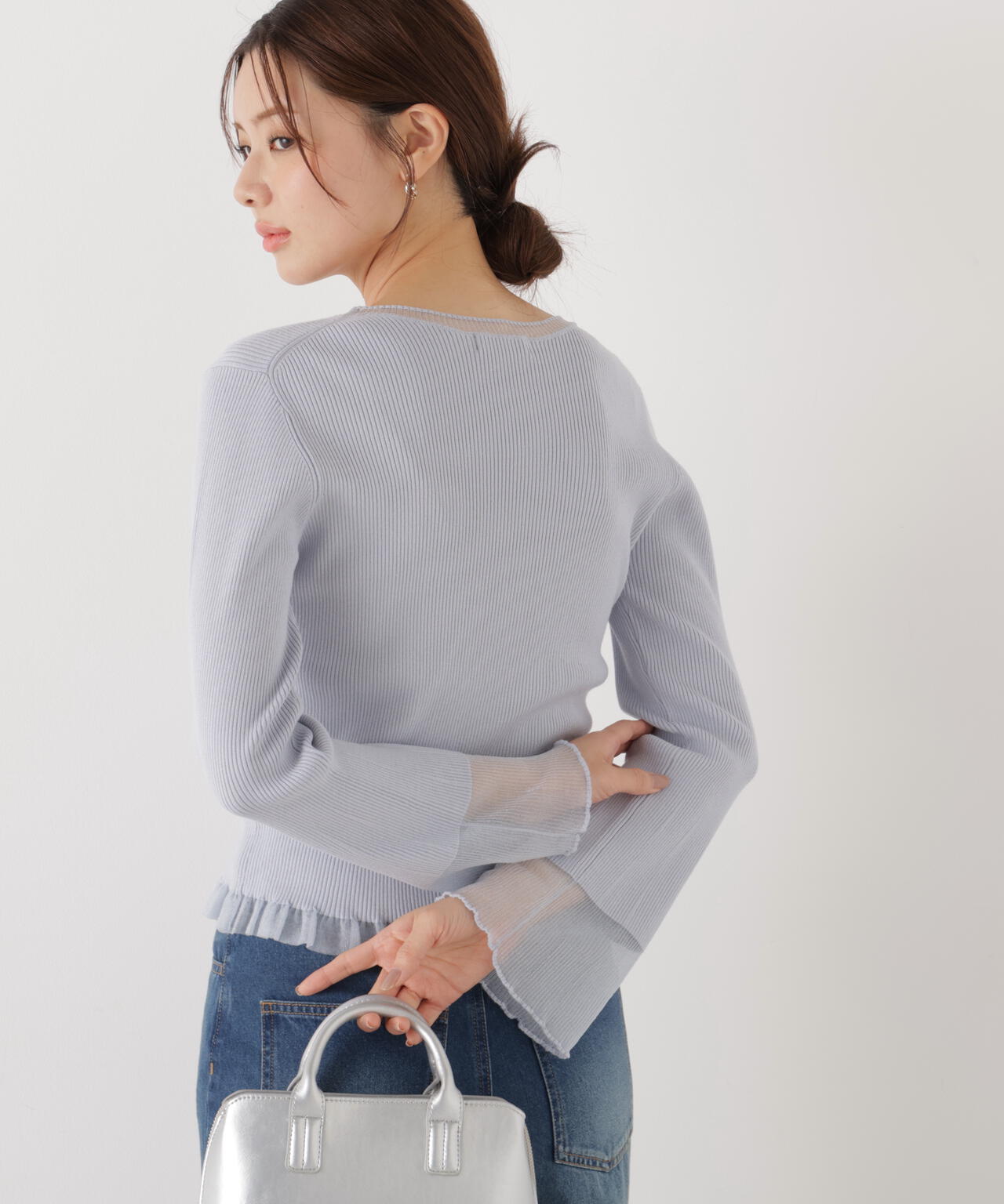 部分シアーフレアスリーブニットトップス