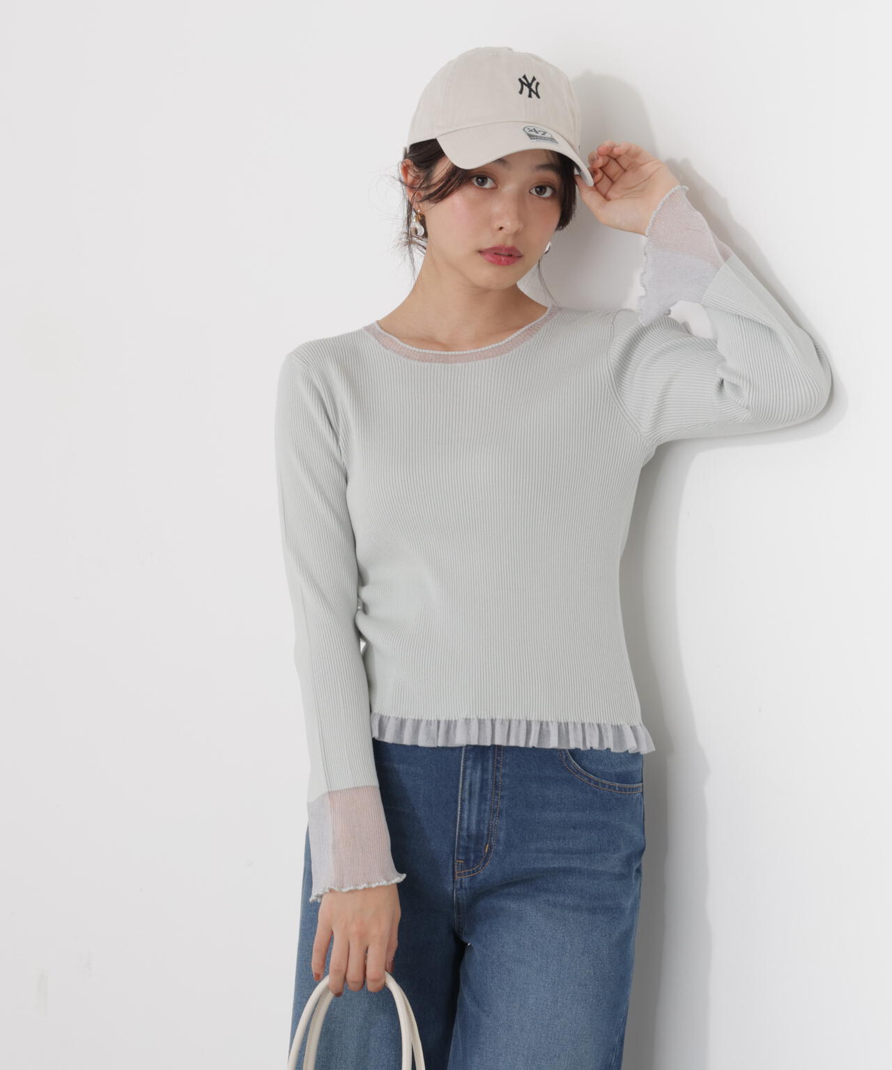 部分シアーフレアスリーブニットトップス