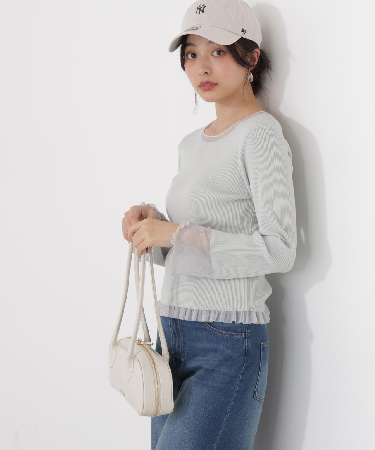 部分シアーフレアスリーブニットトップス
