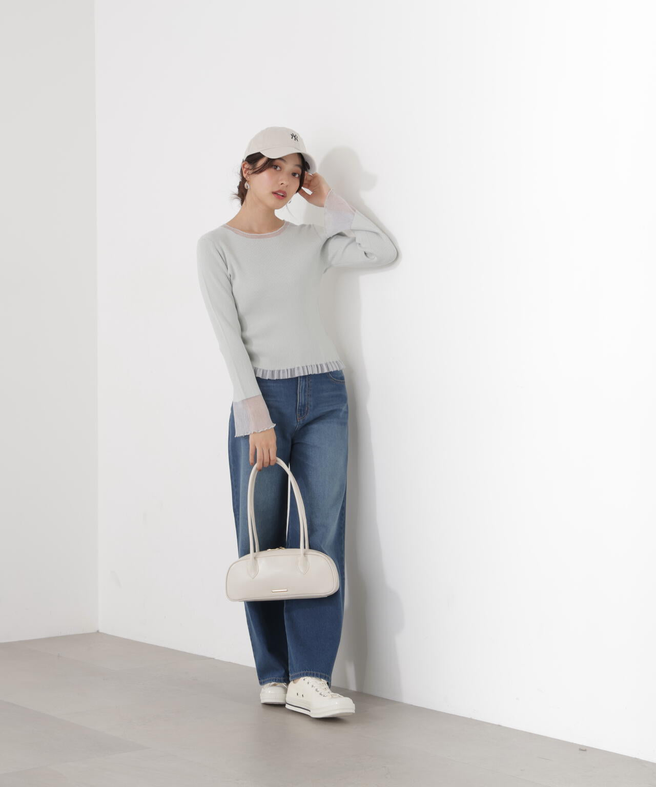 部分シアーフレアスリーブニットトップス