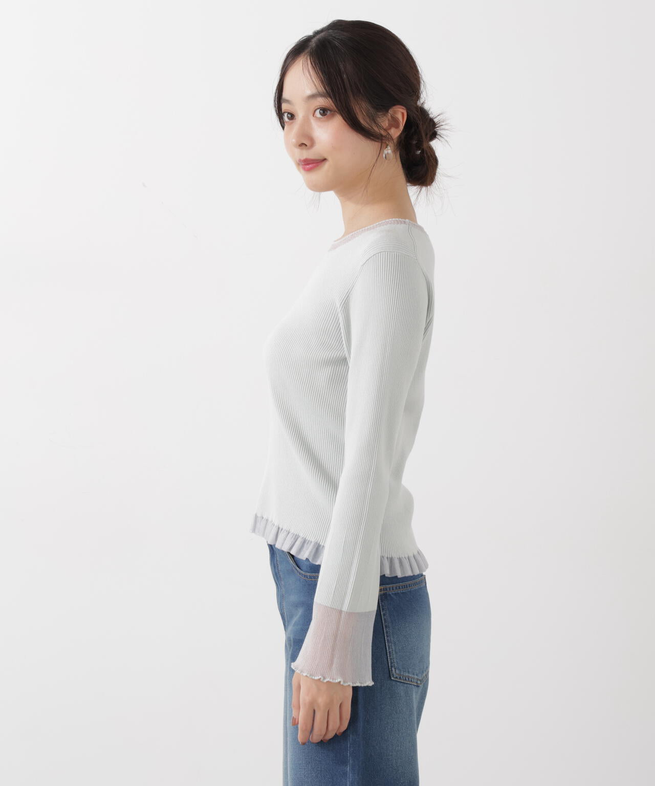 部分シアーフレアスリーブニットトップス