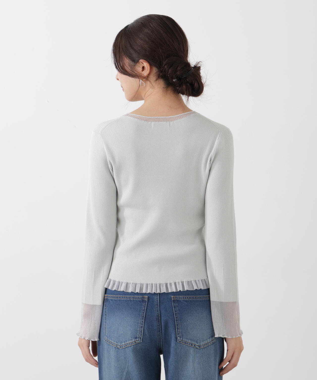 部分シアーフレアスリーブニットトップス