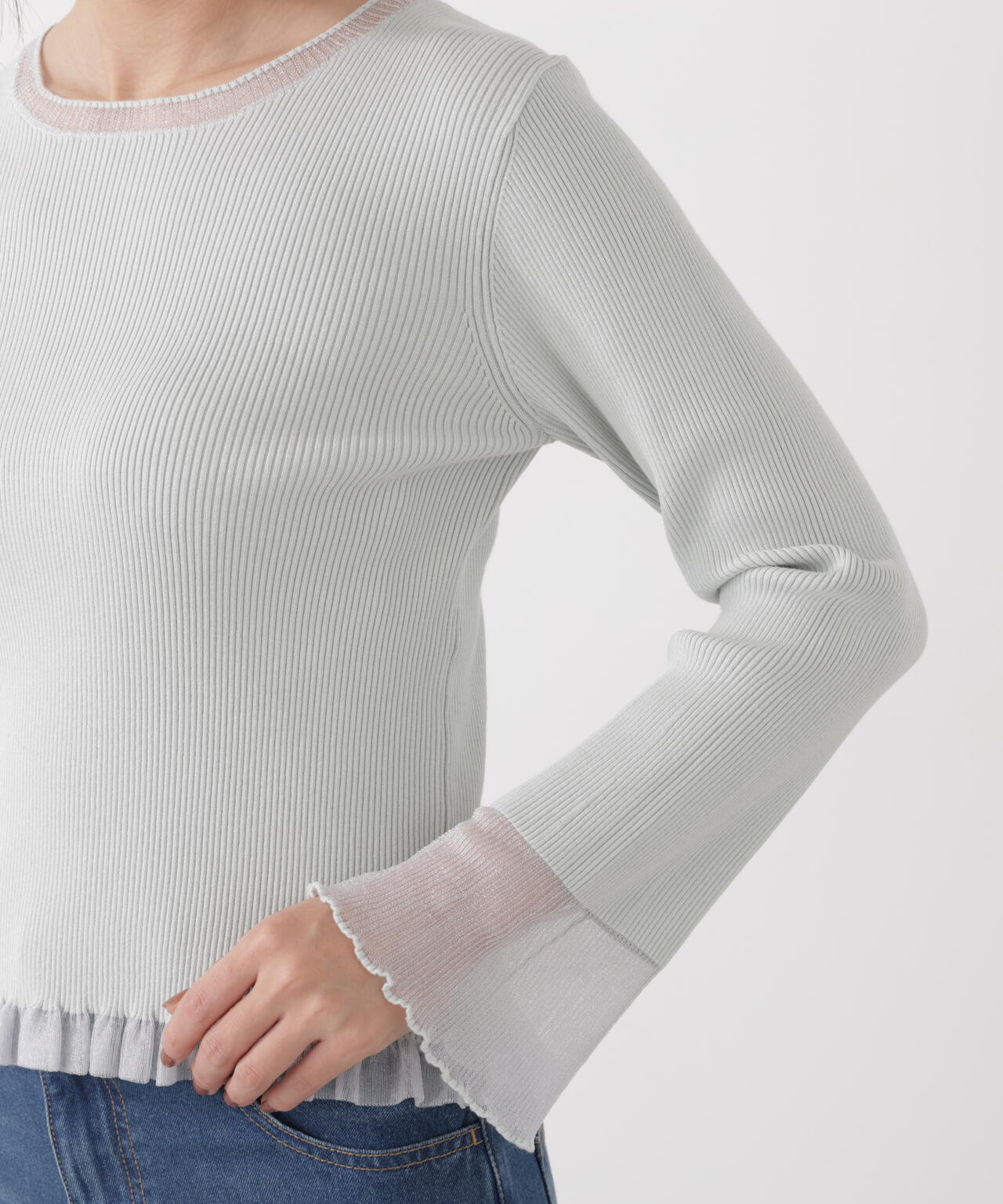 部分シアーフレアスリーブニットトップス