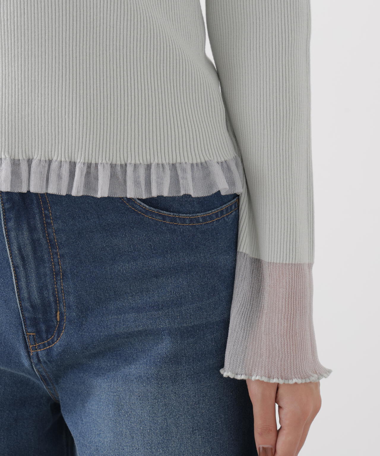 部分シアーフレアスリーブニットトップス