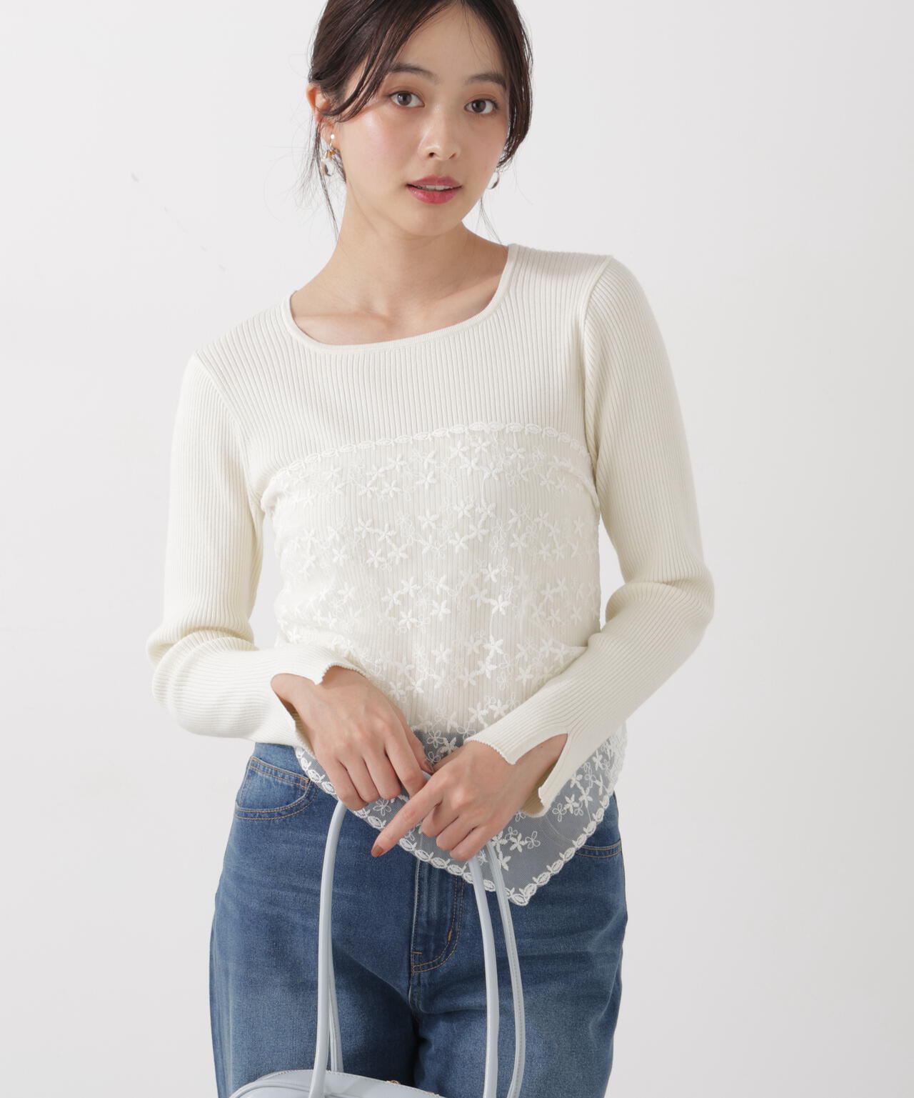 《EDIT COLOGNE》レーススカーフ付きリブニット【ホワイト×ブラックボーダー:official site・ZOZO・一部店舗限定】