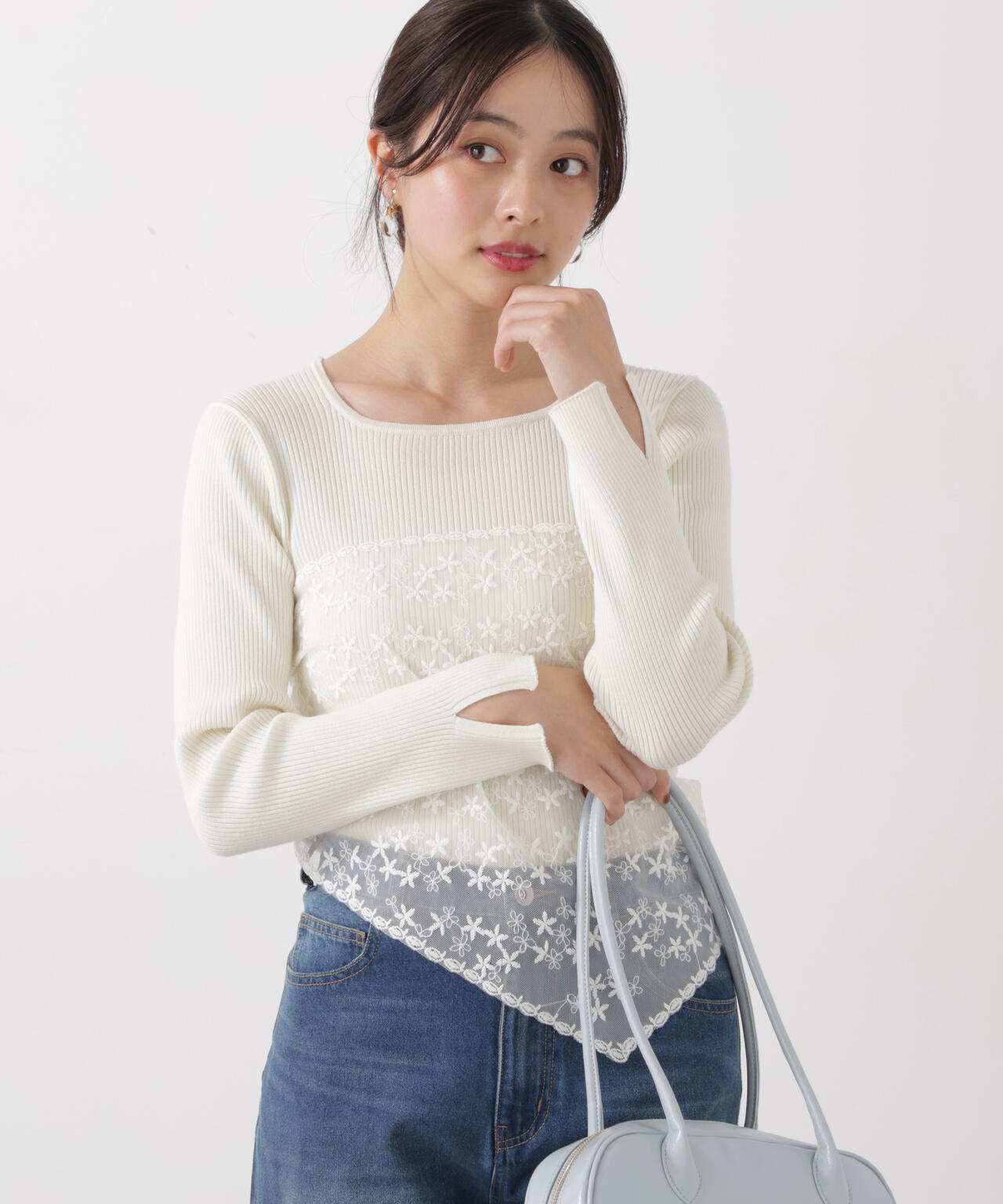 《EDIT COLOGNE》レーススカーフ付きリブニット【ホワイト×ブラックボーダー:official site・ZOZO・一部店舗限定】