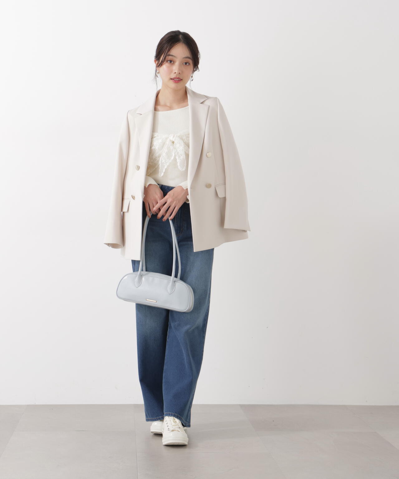 《EDIT COLOGNE》レーススカーフ付きリブニット【ホワイト×ブラックボーダー:official site・ZOZO・一部店舗限定】