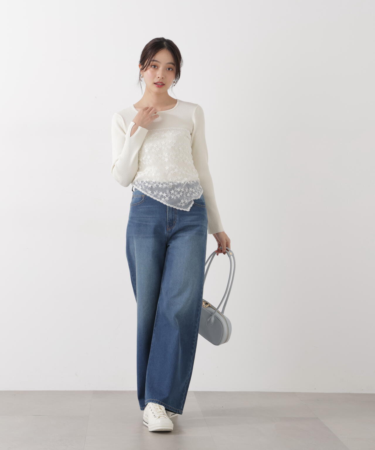 《EDIT COLOGNE》レーススカーフ付きリブニット【ホワイト×ブラックボーダー:official site・ZOZO・一部店舗限定】