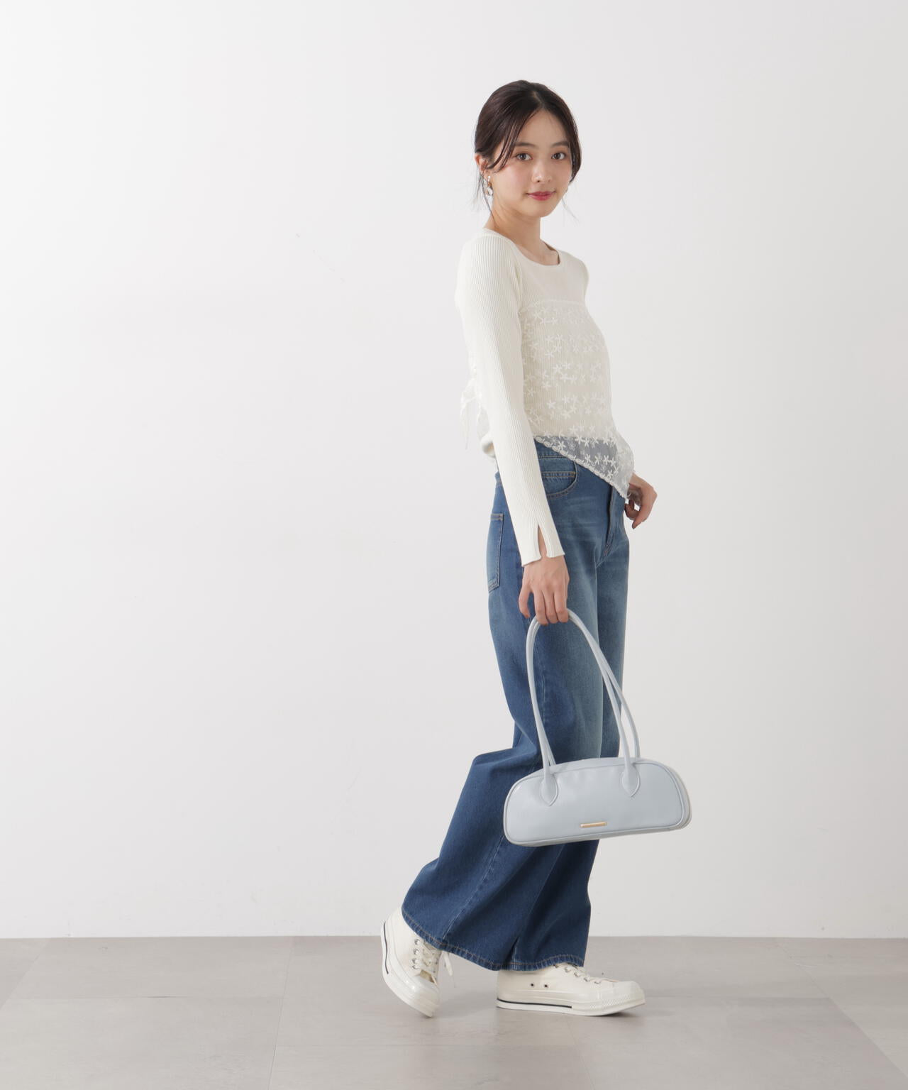 《EDIT COLOGNE》レーススカーフ付きリブニット【ホワイト×ブラックボーダー:official site・ZOZO・一部店舗限定】