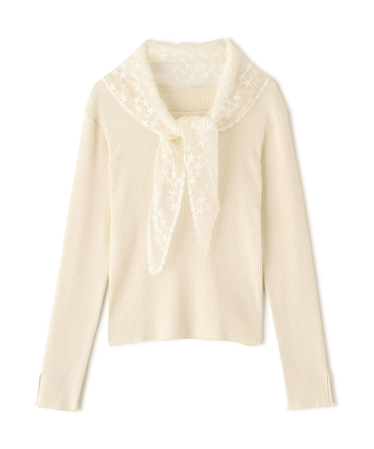 《EDIT COLOGNE》レーススカーフ付きリブニット【ホワイト×ブラックボーダー:official site・ZOZO・一部店舗限定】