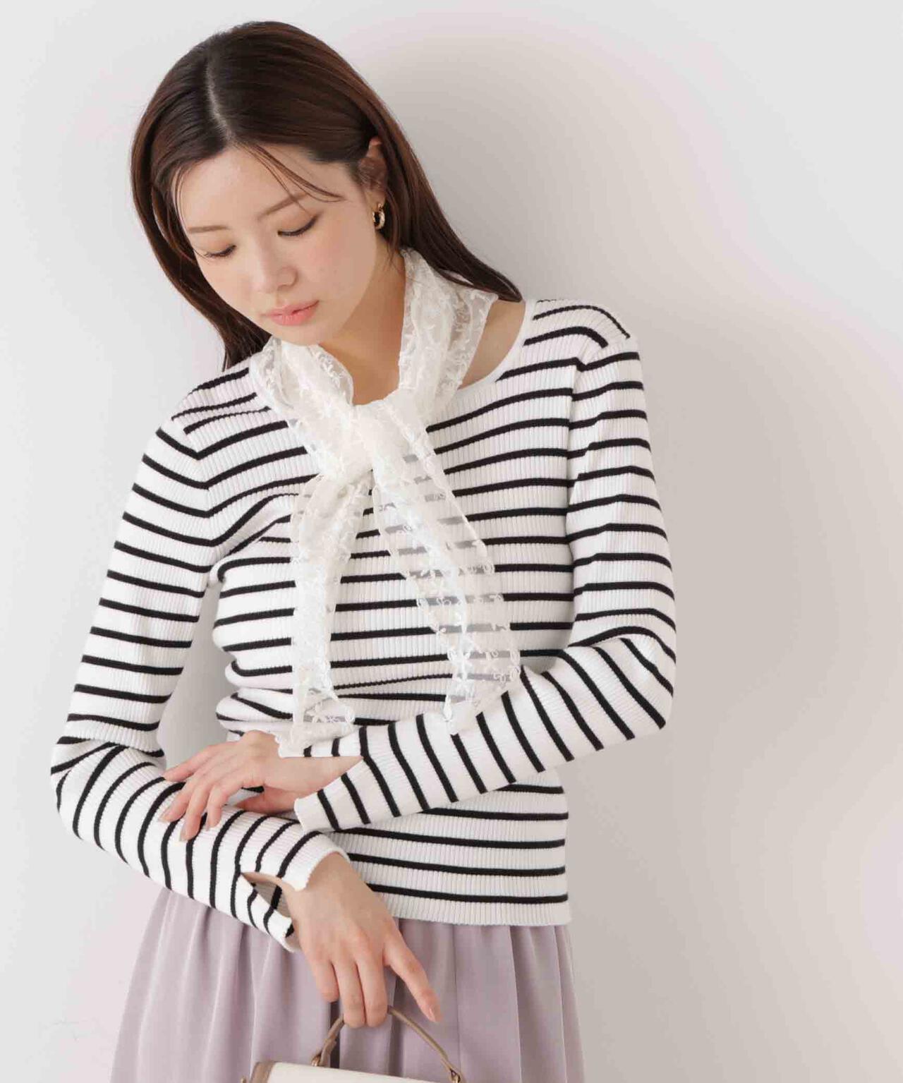 《EDIT COLOGNE》レーススカーフ付きリブニット【ホワイト×ブラックボーダー:official site・ZOZO・一部店舗限定】