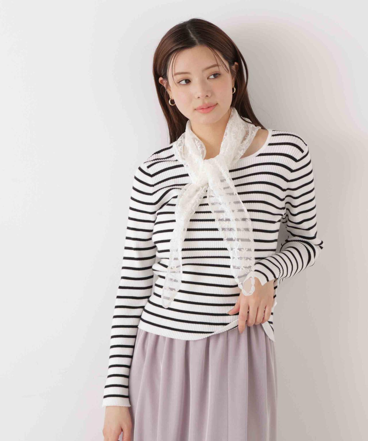 《EDIT COLOGNE》レーススカーフ付きリブニット【ホワイト×ブラックボーダー:official site・ZOZO・一部店舗限定】