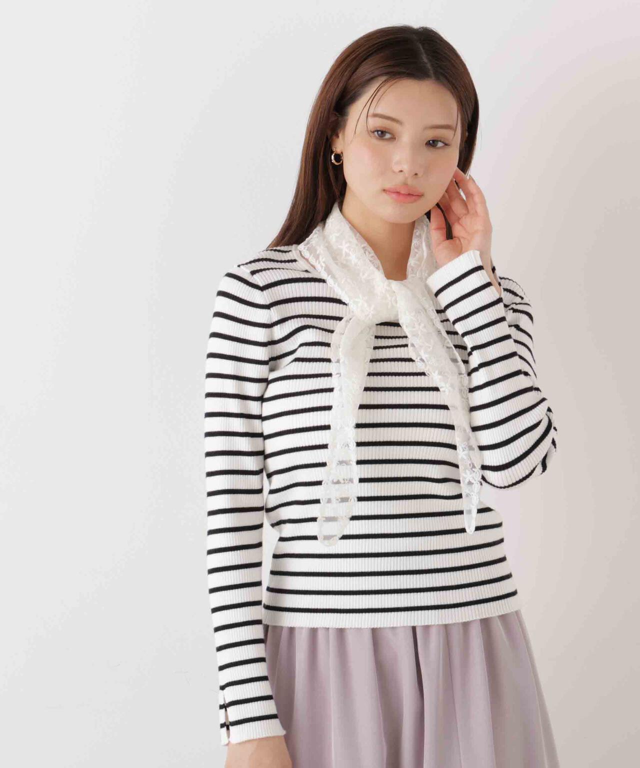 《EDIT COLOGNE》レーススカーフ付きリブニット【ホワイト×ブラックボーダー:official site・ZOZO・一部店舗限定】