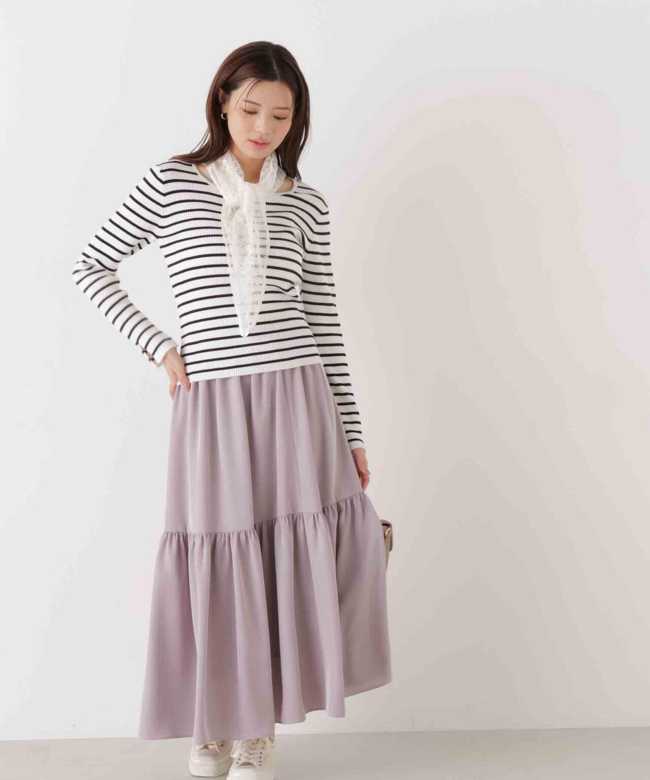 《EDIT COLOGNE》レーススカーフ付きリブニット【ホワイト×ブラックボーダー:official site・ZOZO・一部店舗限定】