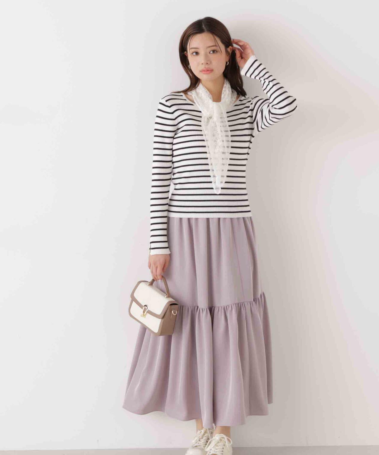 《EDIT COLOGNE》レーススカーフ付きリブニット【ホワイト×ブラックボーダー:official site・ZOZO・一部店舗限定】