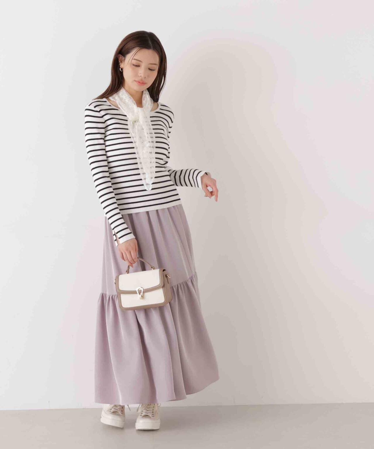 《EDIT COLOGNE》レーススカーフ付きリブニット【ホワイト×ブラックボーダー:official site・ZOZO・一部店舗限定】