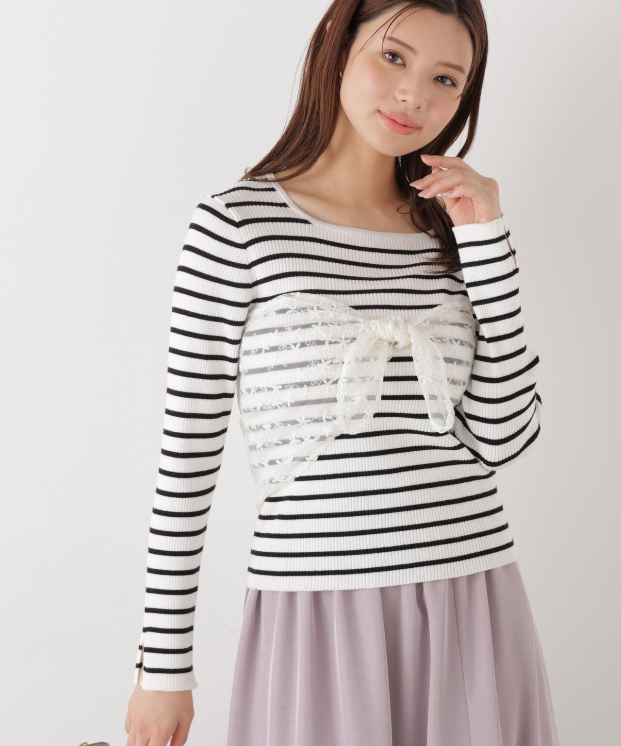 《EDIT COLOGNE》レーススカーフ付きリブニット【ホワイト×ブラックボーダー:official site・ZOZO・一部店舗限定】