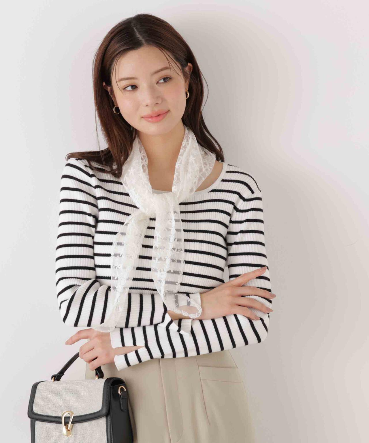 《EDIT COLOGNE》レーススカーフ付きリブニット【ホワイト×ブラックボーダー:official site・ZOZO・一部店舗限定】