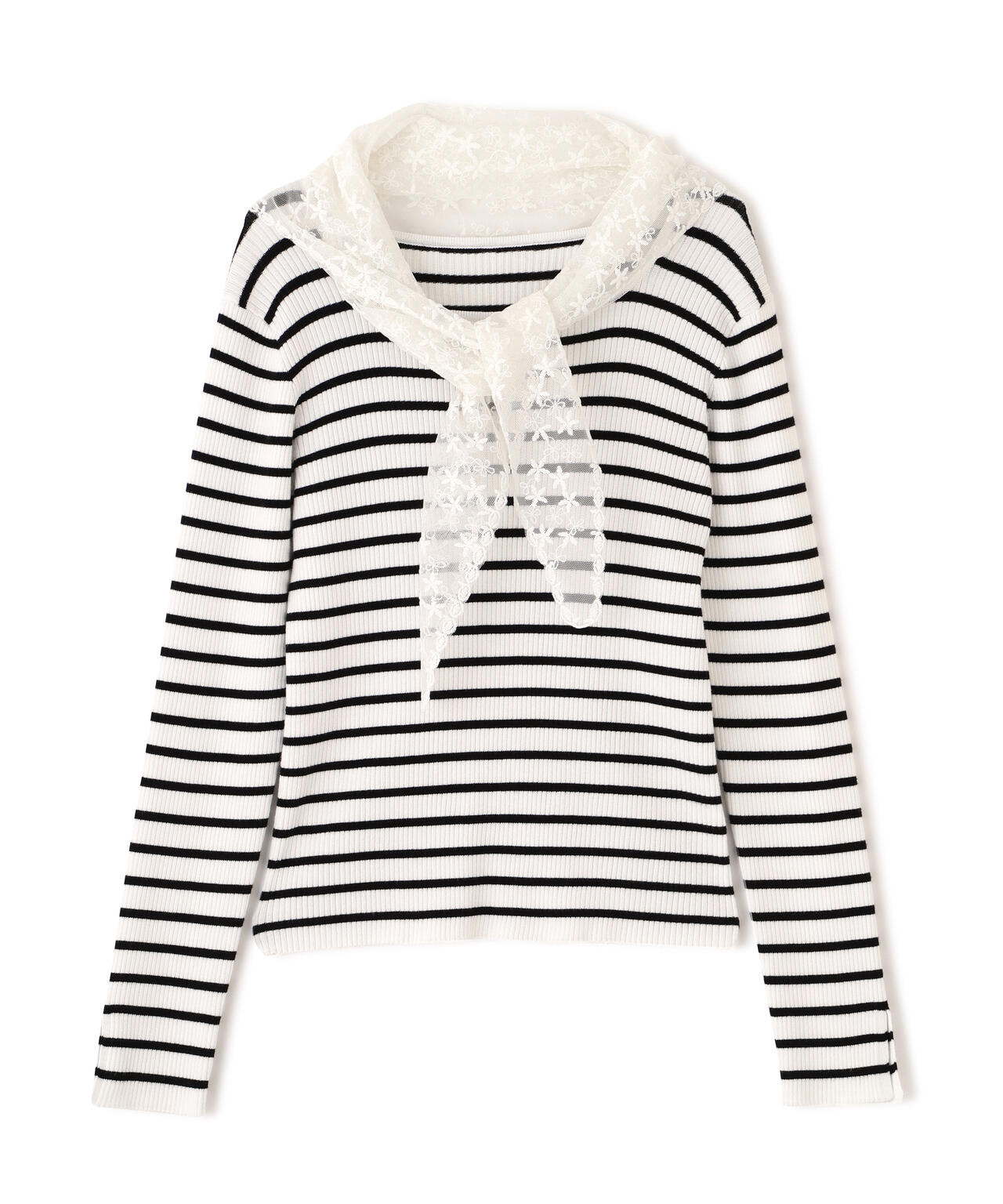 《EDIT COLOGNE》レーススカーフ付きリブニット【ホワイト×ブラックボーダー:official site・ZOZO・一部店舗限定】