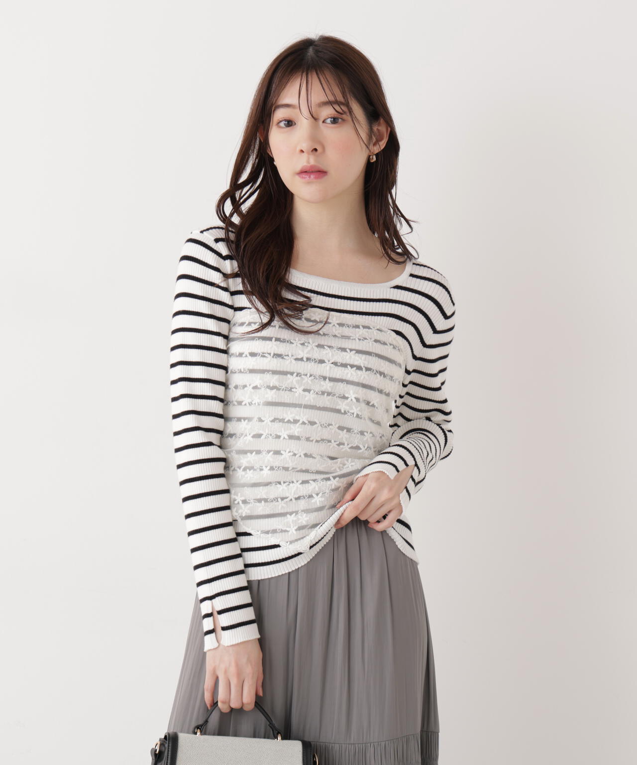 《EDIT COLOGNE》レーススカーフ付きリブニット【ホワイト×ブラックボーダー:official site・ZOZO・一部店舗限定】