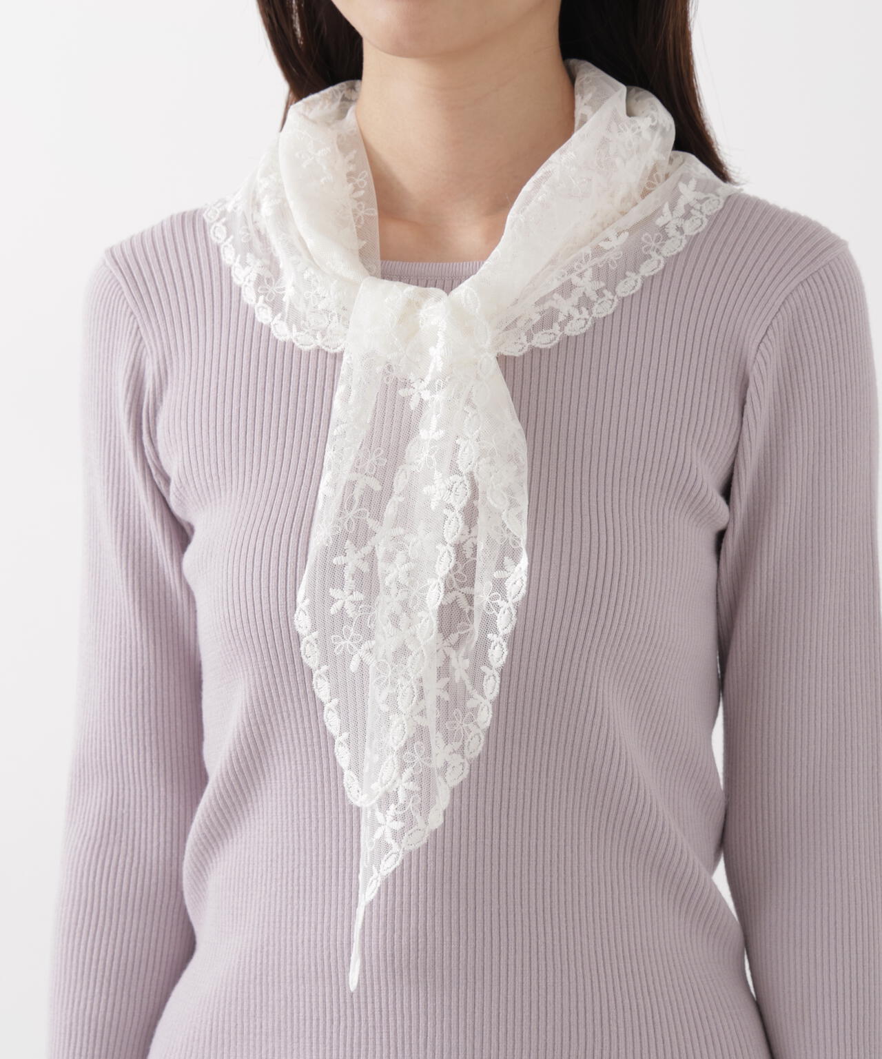 《EDIT COLOGNE》レーススカーフ付きリブニット【ホワイト×ブラックボーダー:official site・ZOZO・一部店舗限定】