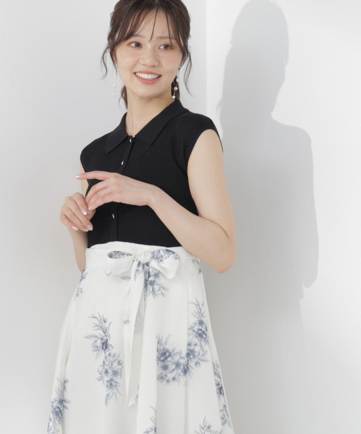 衿付き柄ドッキングニットワンピース