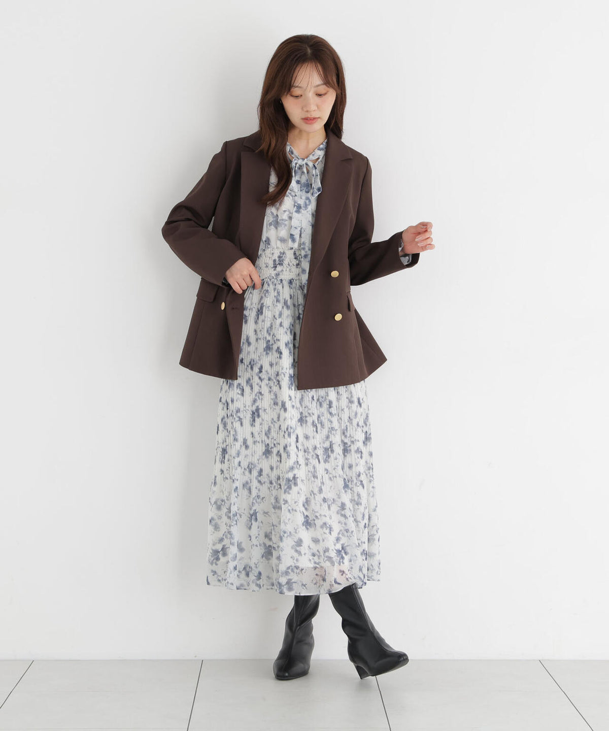 リボンプリーツ花柄ワンピース