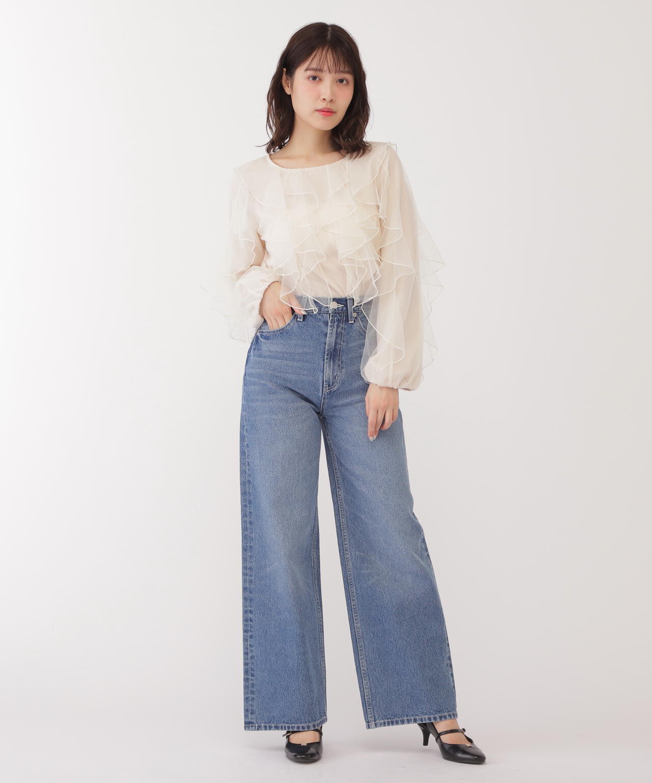 【eS】<ジルバイベーシック>ストレートワイドデニムパンツ