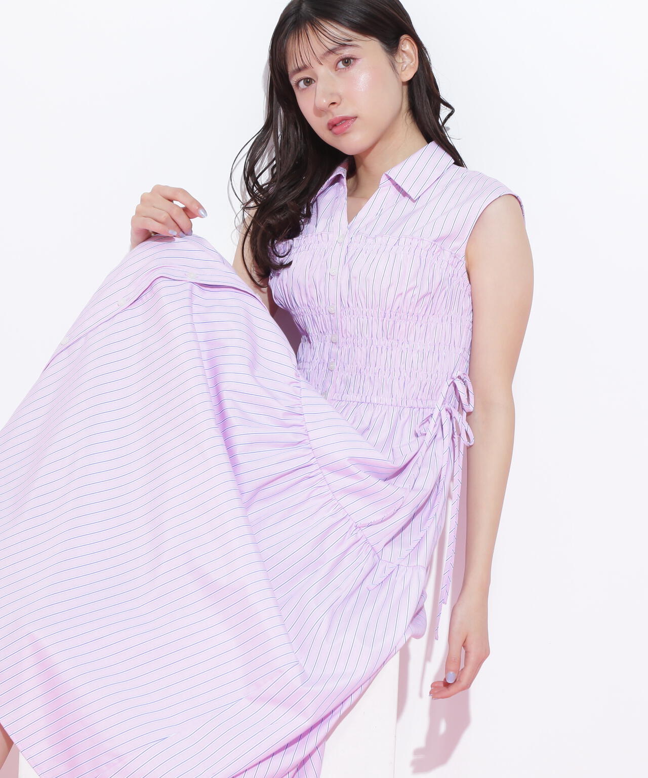 ウエストシャーリングストライプシャツワンピース