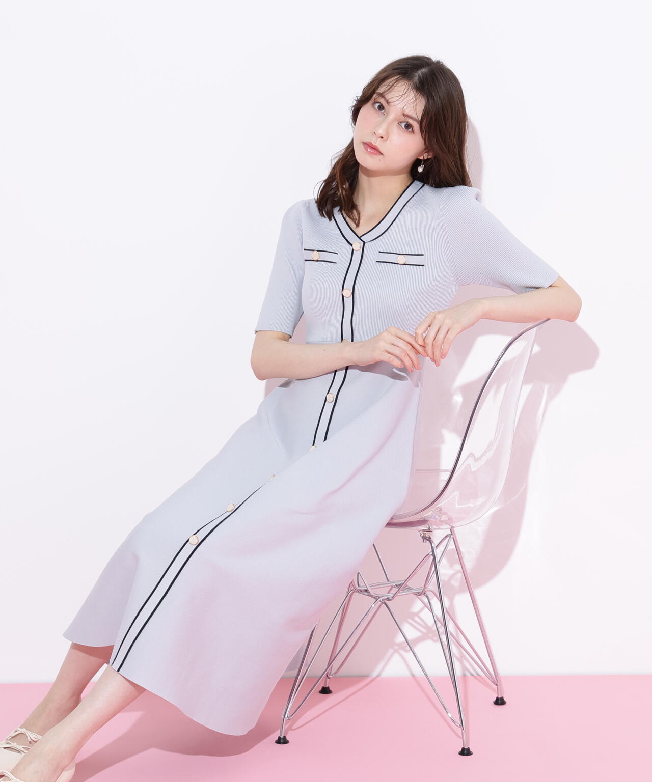 配色パイピングリブニットワンピース