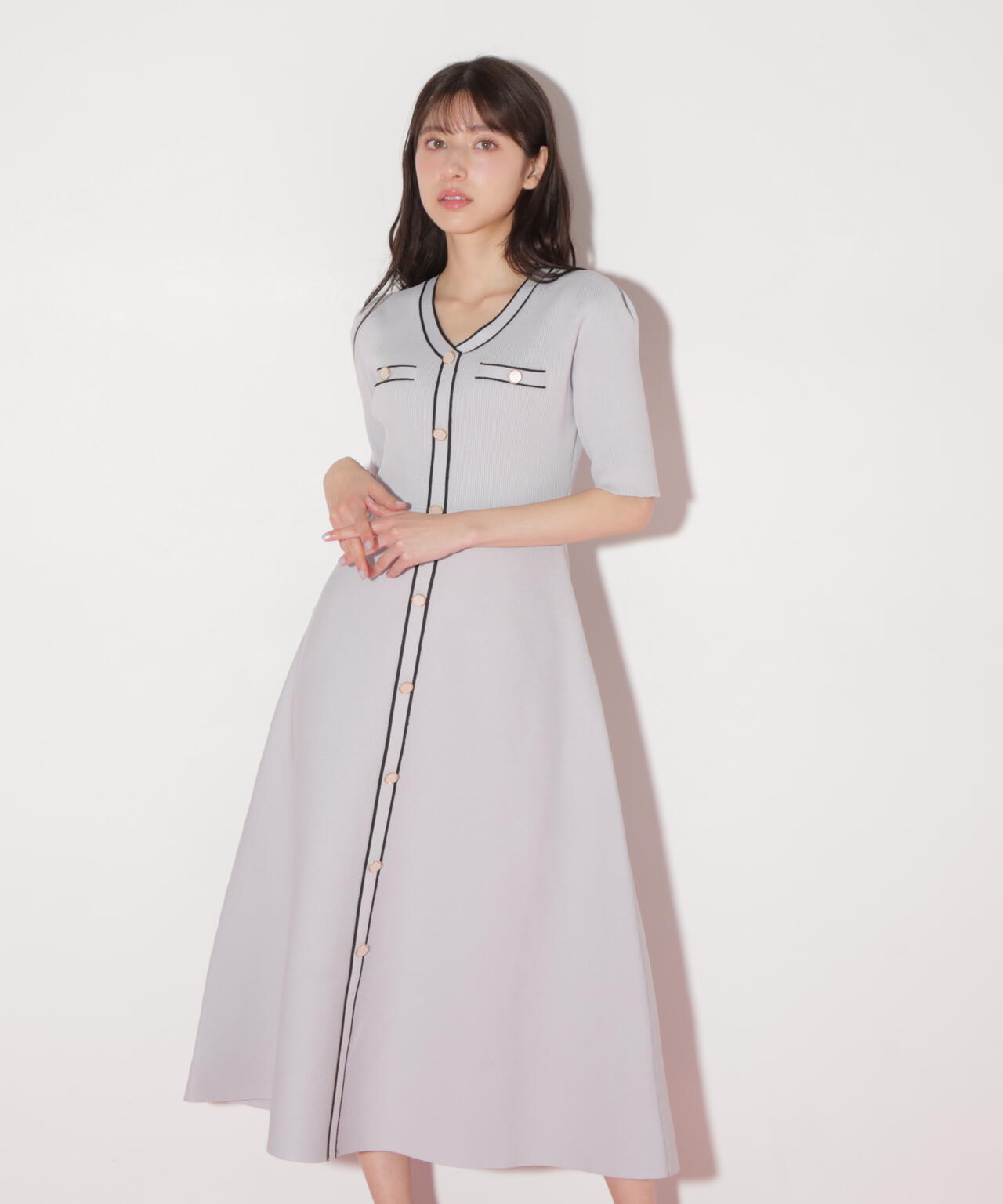 配色パイピングリブニットワンピース