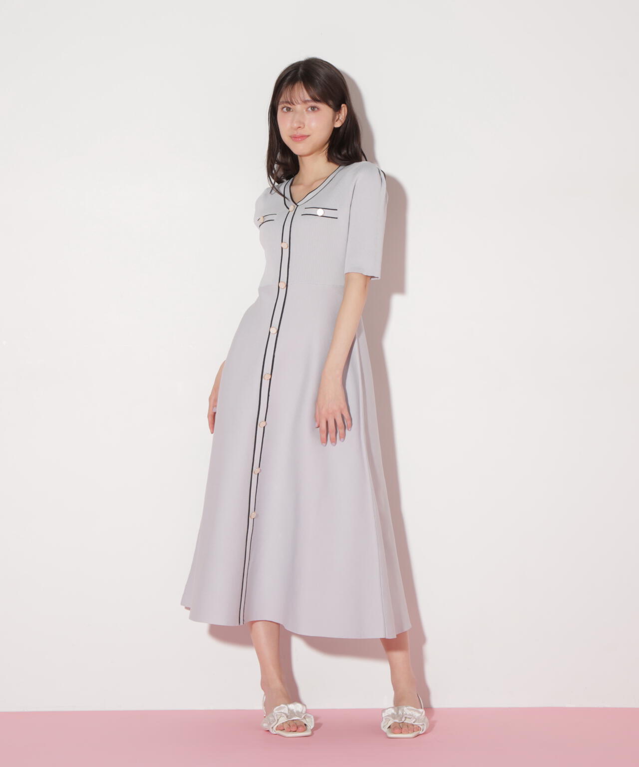 配色パイピングリブニットワンピース