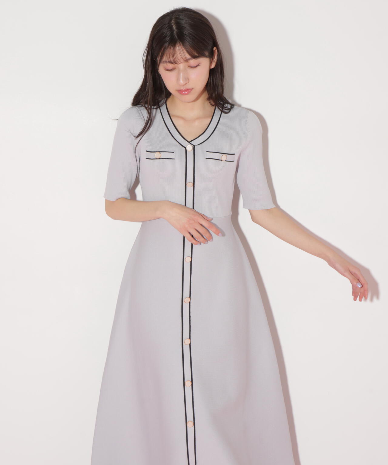 配色パイピングリブニットワンピース