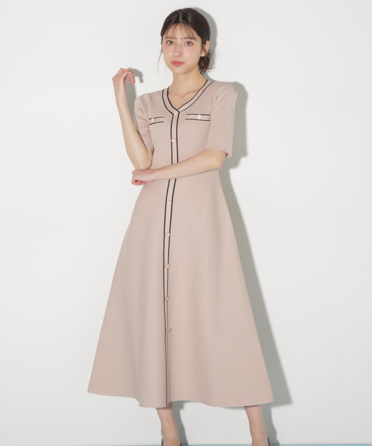 配色パイピングリブニットワンピース