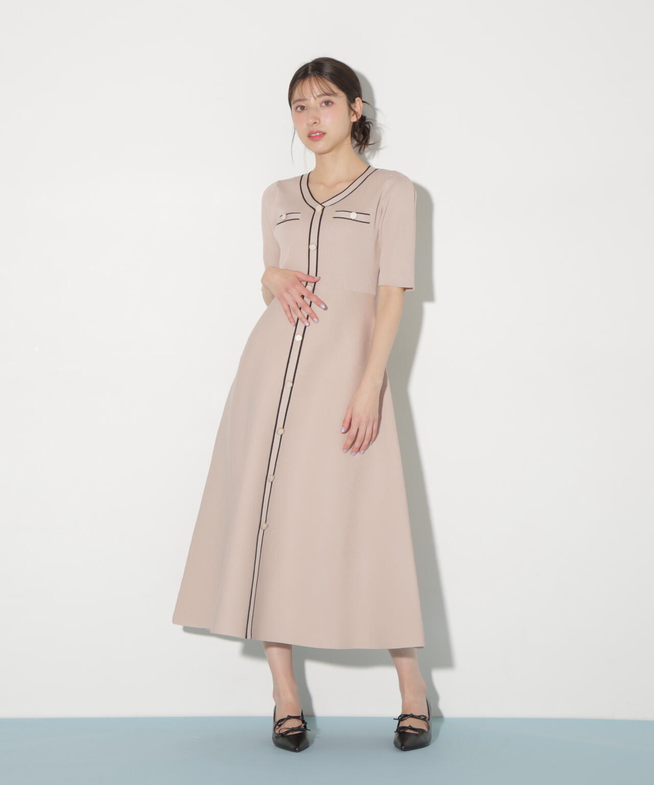 配色パイピングリブニットワンピース