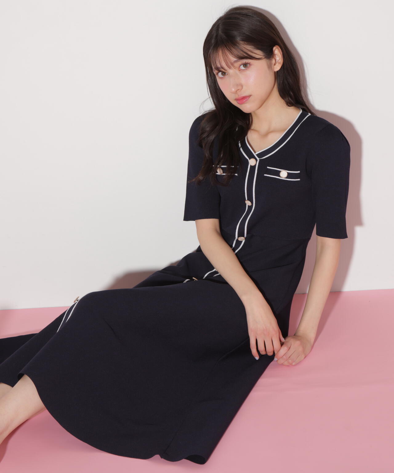 配色パイピングリブニットワンピース