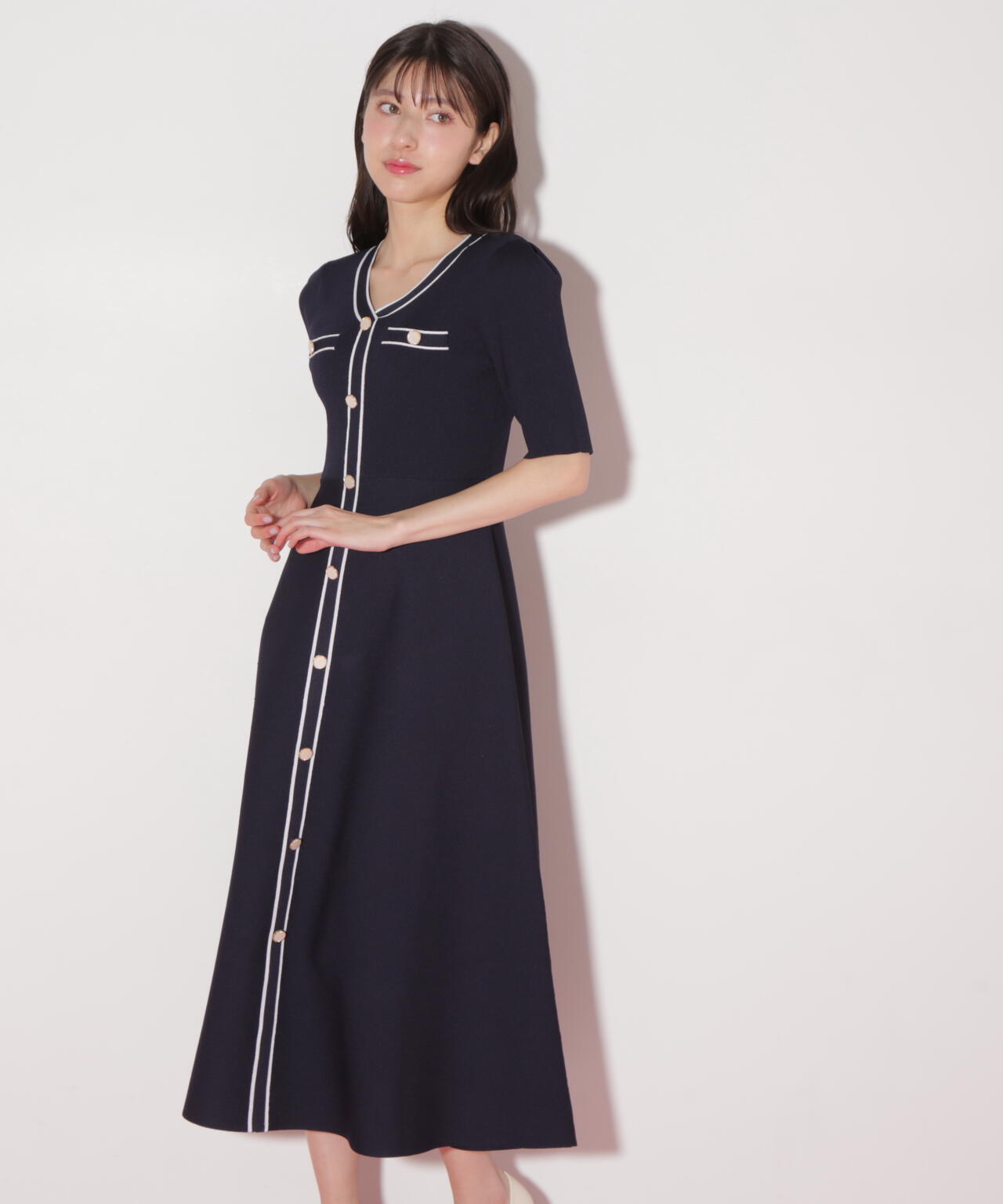 配色パイピングリブニットワンピース