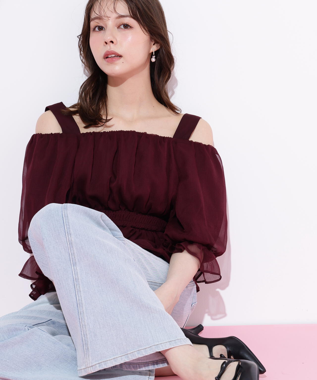 楊柳オフショルパフブラウス