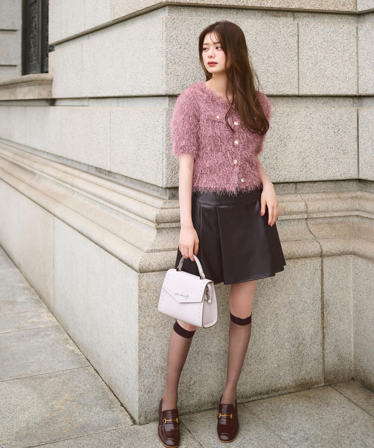 フェイクレザープリーツミニスカート