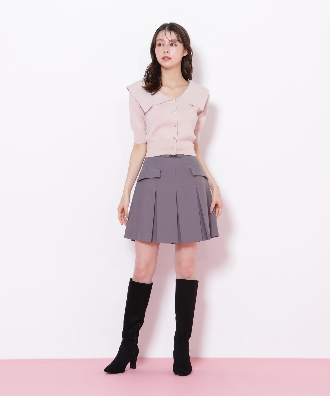 <セットアップ対応>ベルト付ベーシックツイルミニスカート